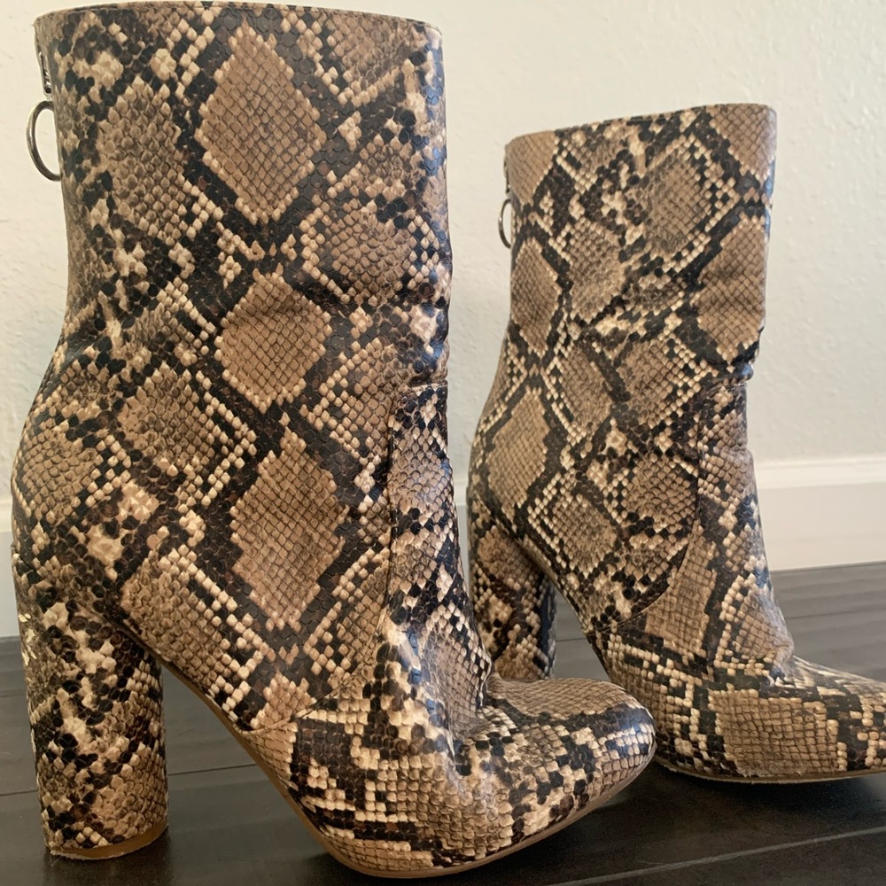 JustFab snakeskin heeled, zip-up booties